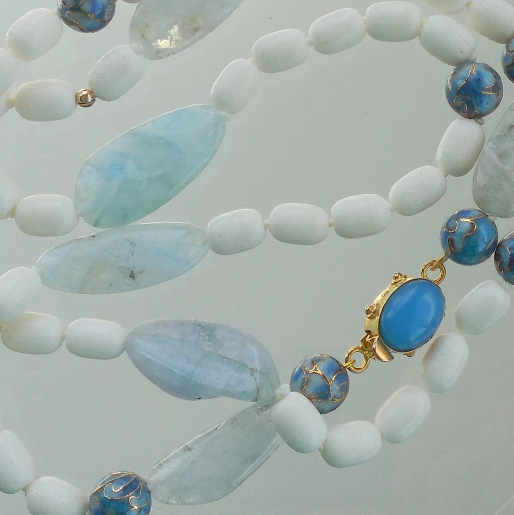 White Coral, Aquamarine, Blue Onyx 41" Long Necklace White Coral, Aquamarine, Blue Onyx 41" Long Necklace