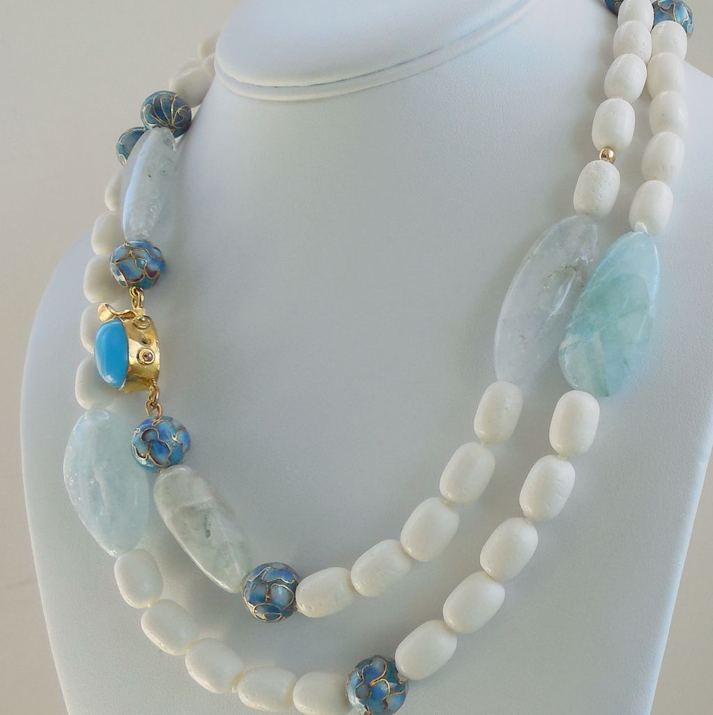 White Coral, Aquamarine, Blue Onyx 41" Long Necklace White Coral, Aquamarine, Blue Onyx 41" Long Necklace