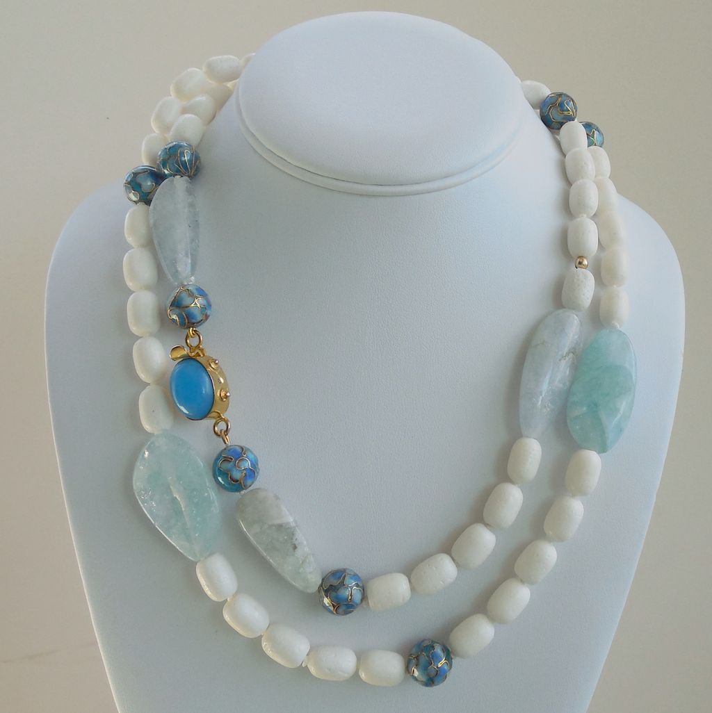 White Coral, Aquamarine, Blue Onyx 41" Long Necklace White Coral, Aquamarine, Blue Onyx 41" Long Necklace