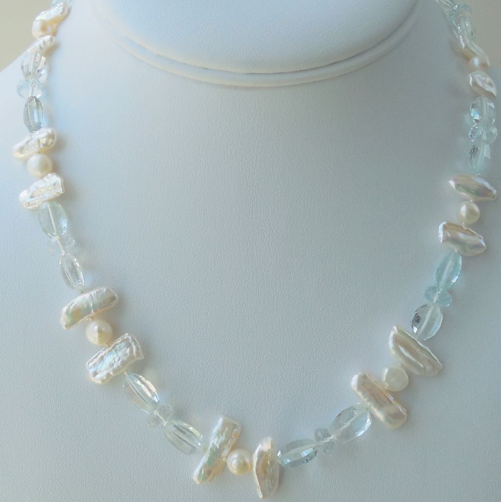 Aquamarine, Freshwater Cultured Pearls Hand Knotted Necklace Aquamarine, Freshwater Cultured Pearls Hand Knotted Necklace