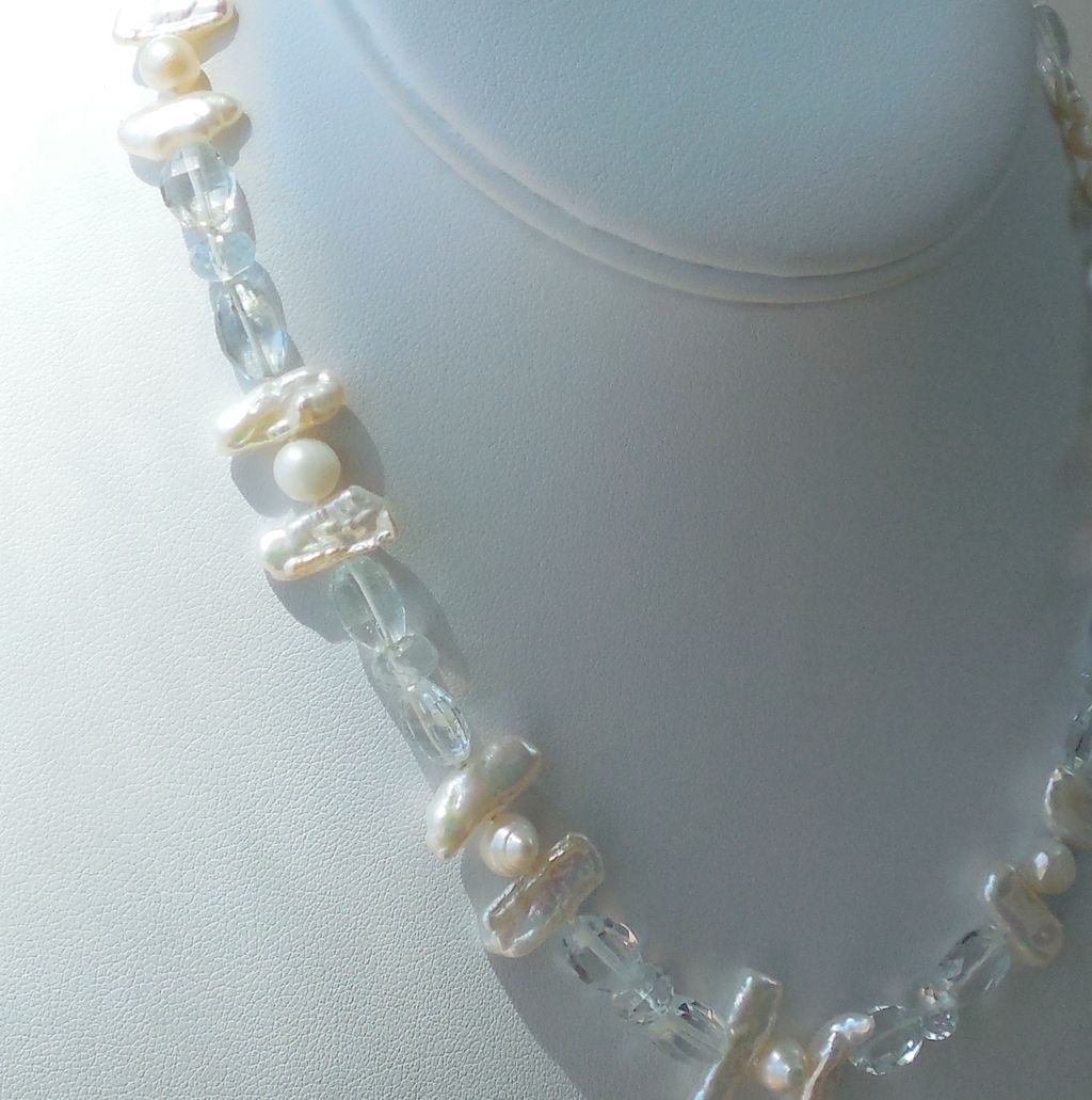 Aquamarine, Freshwater Cultured Pearls Hand Knotted Necklace Aquamarine, Freshwater Cultured Pearls Hand Knotted Necklace