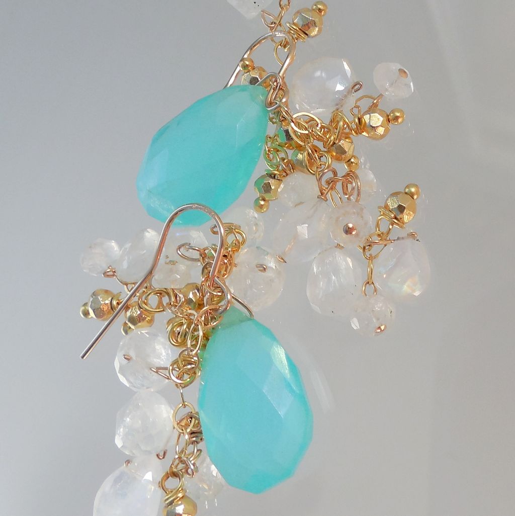 Peruvian Opal, Moonstone, and Pyrite Waterfall Earrings Peruvian Opal, Moonstone, and Pyrite Waterfall Earrings
