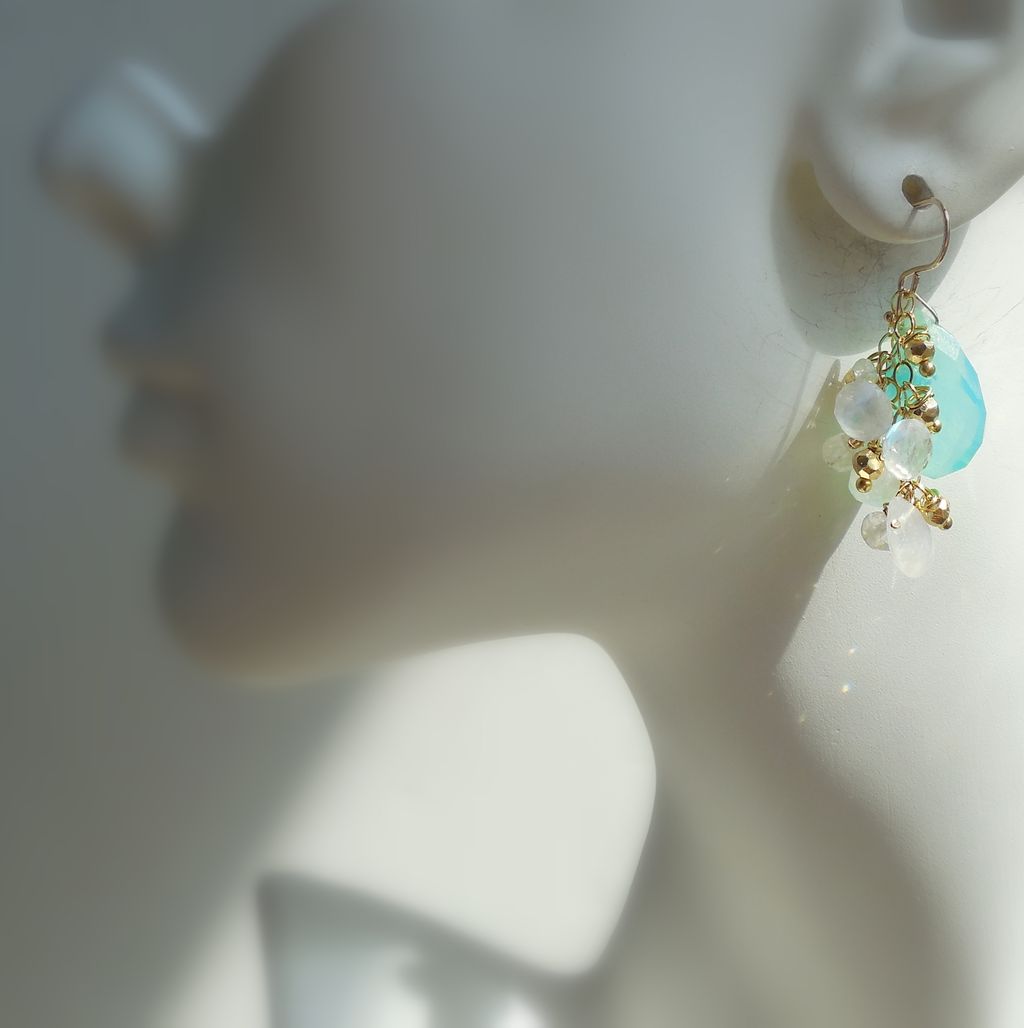 Peruvian Opal, Moonstone, and Pyrite Waterfall Earrings Peruvian Opal, Moonstone, and Pyrite Waterfall Earrings