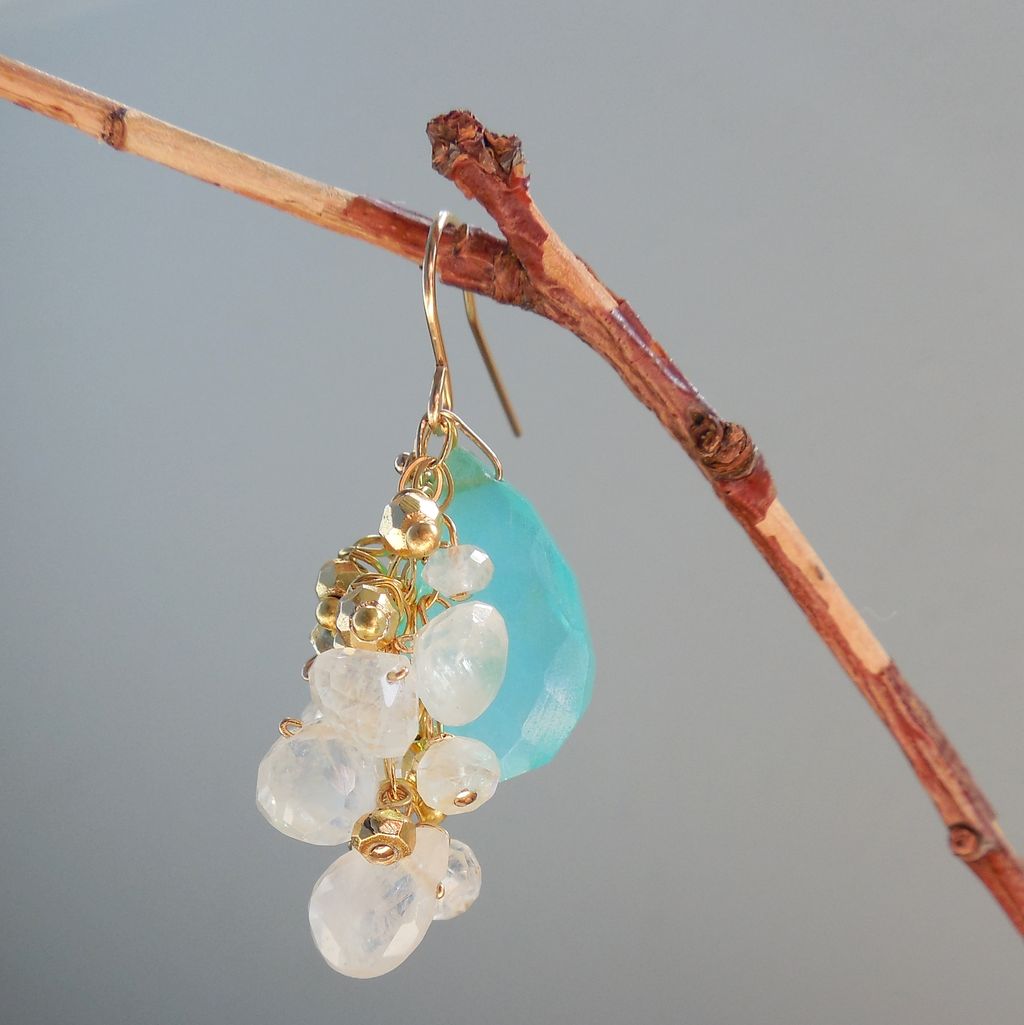 Peruvian Opal, Moonstone, and Pyrite Waterfall Earrings Peruvian Opal, Moonstone, and Pyrite Waterfall Earrings