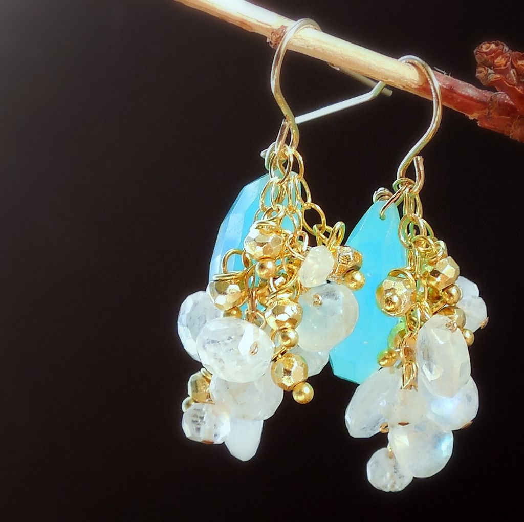 Peruvian Opal, Moonstone, and Pyrite Waterfall Earrings Peruvian Opal, Moonstone, and Pyrite Waterfall Earrings