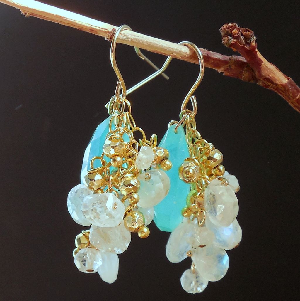 Peruvian Opal, Moonstone, and Pyrite Waterfall Earrings Peruvian Opal, Moonstone, and Pyrite Waterfall Earrings