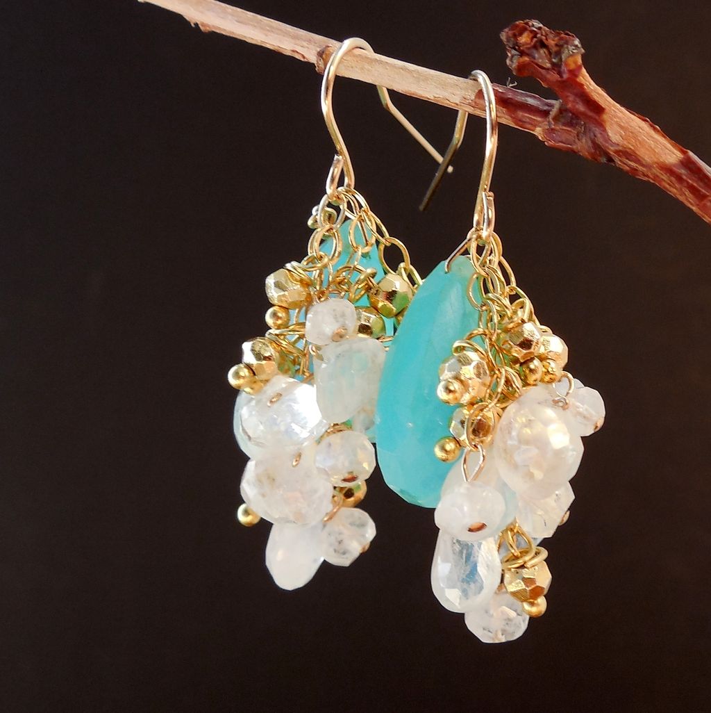 Peruvian Opal, Moonstone, and Pyrite Waterfall Earrings Peruvian Opal, Moonstone, and Pyrite Waterfall Earrings