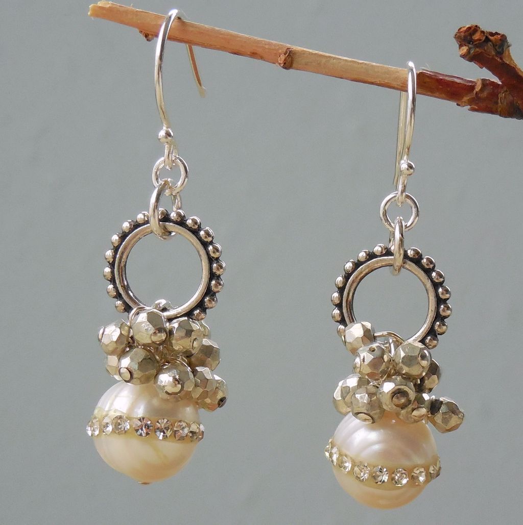 Pearl and Pyrite Dangle Drop Earrings Pearl and Pyrite Dangle Drop Earrings