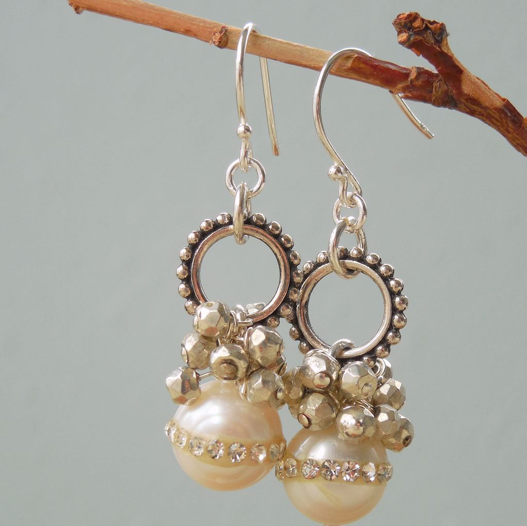 Pearl and Pyrite Dangle Drop Earrings Pearl and Pyrite Dangle Drop Earrings
