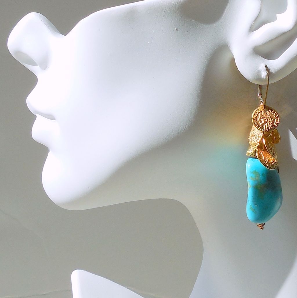 Gold Coin Discs and Turquoise Magnesite Dangle Earrings Gold Coin Discs and Turquoise Magnesite Dangle Earrings