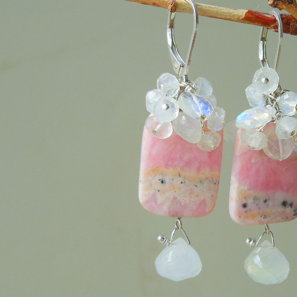Moonstone and Rhodochrosite Pink Ice Drop Earrings Moonstone and Rhodochrosite Pink Ice Drop Earrings