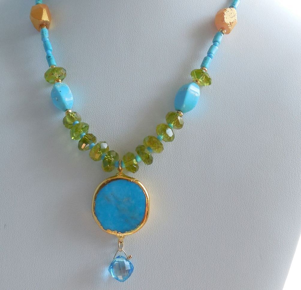 Blue Topaz, Turquoise, Peridot Pendant Necklace Blue Topaz, Turquoise, Peridot Pendant Necklace