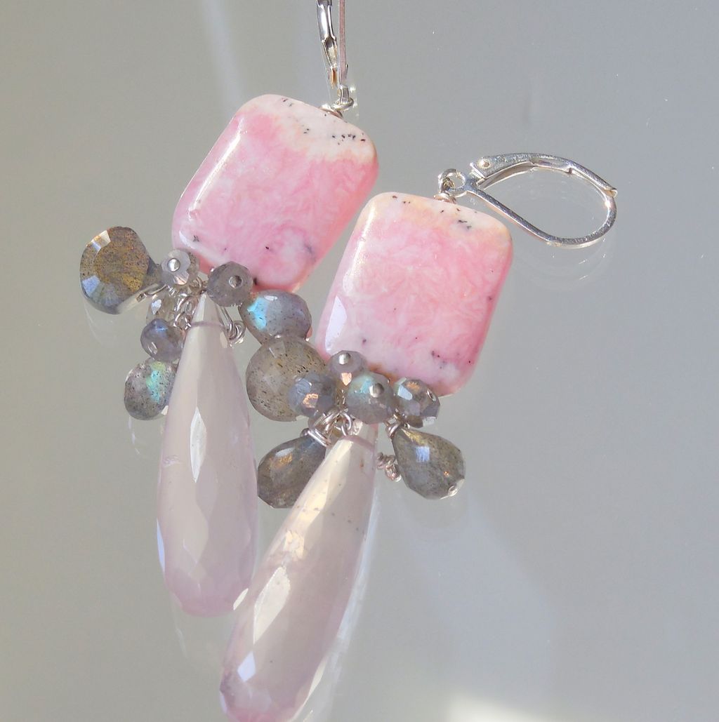Rhodochrosite, Rose Quartz, and Labradorite Pink Drop Earrings Rhodochrosite, Rose Quartz, and Labradorite Pink Drop Earrings