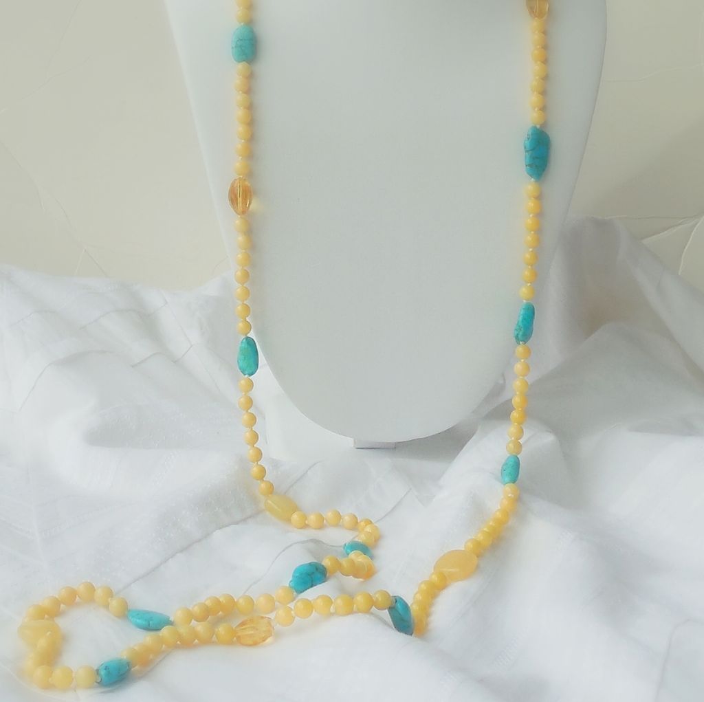 Yellow Nephrite Jade, Citrine, Turquoise Long Opera Necklace Yellow Nephrite Jade, Citrine, Turquoise Long Opera Necklace