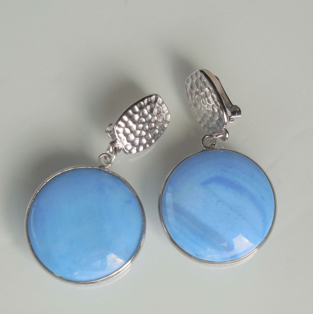 RESERVED -Blue Agate Round Bezel Set Clip On Earrings RESERVED -Blue Agate Round Bezel Set Clip On Earrings