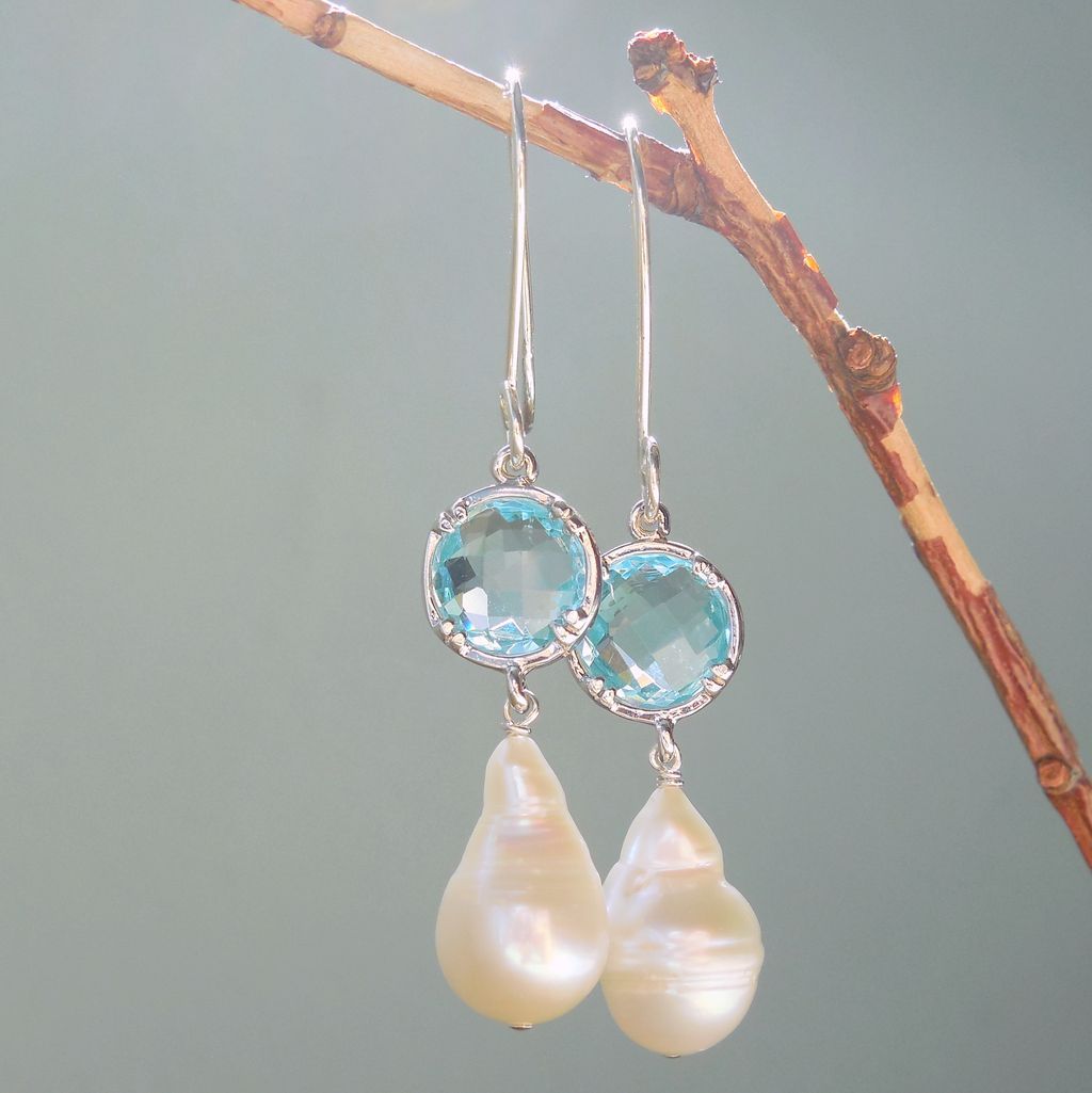 Pearl and Blue Crystal Drop Earrings Pearl and Blue Crystal Drop Earrings