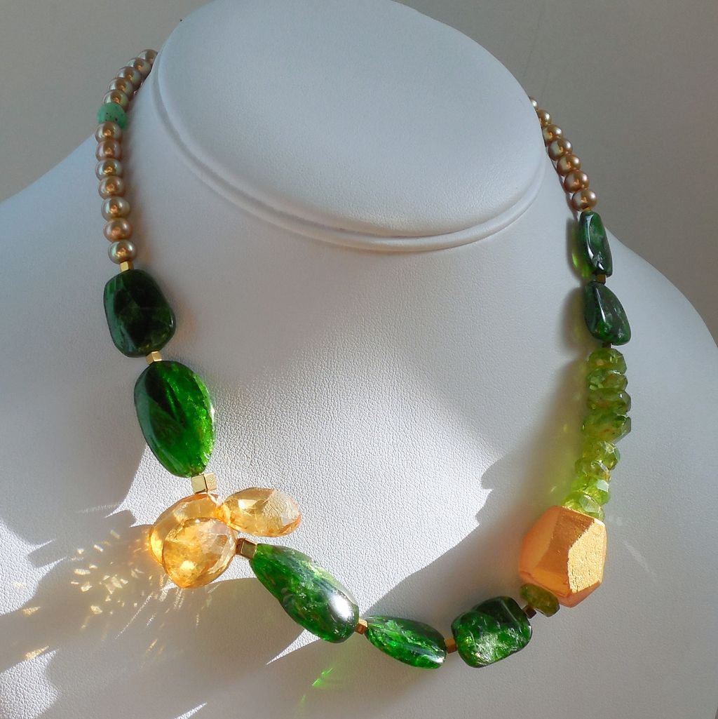 Citrine, Chrome Diopside, Peridot, and Pearl Necklace Citrine, Chrome Diopside, Peridot, and Pearl Necklace