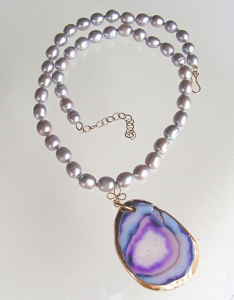 Slice Agate Pendant, Hand Knotted Grey Pearls Necklace Slice Agate Pendant, Hand Knotted Grey Pearls Necklace