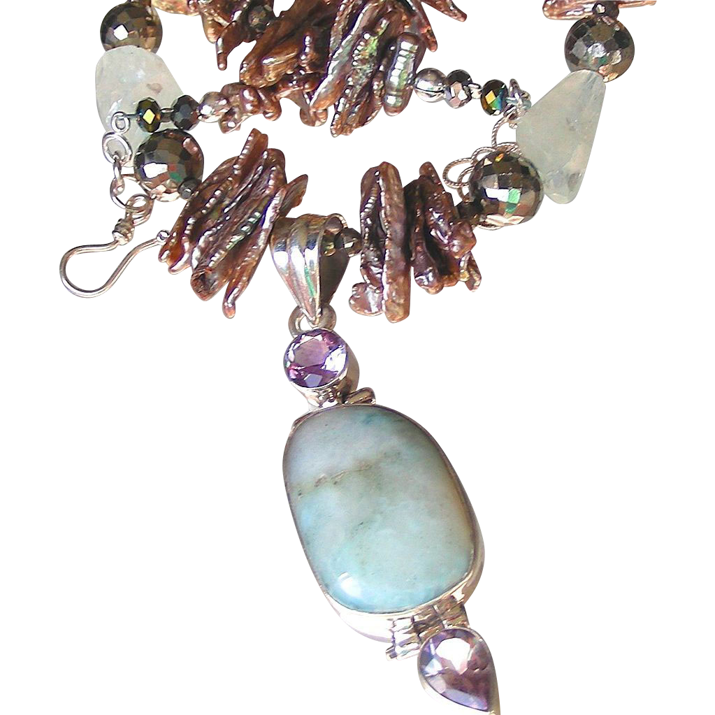 Clearance- Larimar, Amethyst, Aquamarine, Pyrite, and Biwa Pearls Bohemian Necklace Clearance- Larimar, Amethyst, Aquamarine, Pyrite, and Biwa Pearls Bohemian Necklace