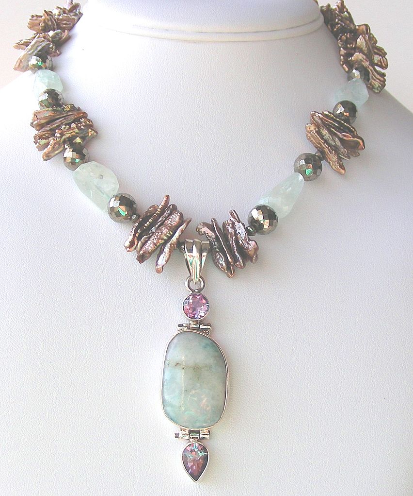 Clearance- Larimar, Amethyst, Aquamarine, Pyrite, and Biwa Pearls Bohemian Necklace Clearance- Larimar, Amethyst, Aquamarine, Pyrite, and Biwa Pearls Bohemian Necklace