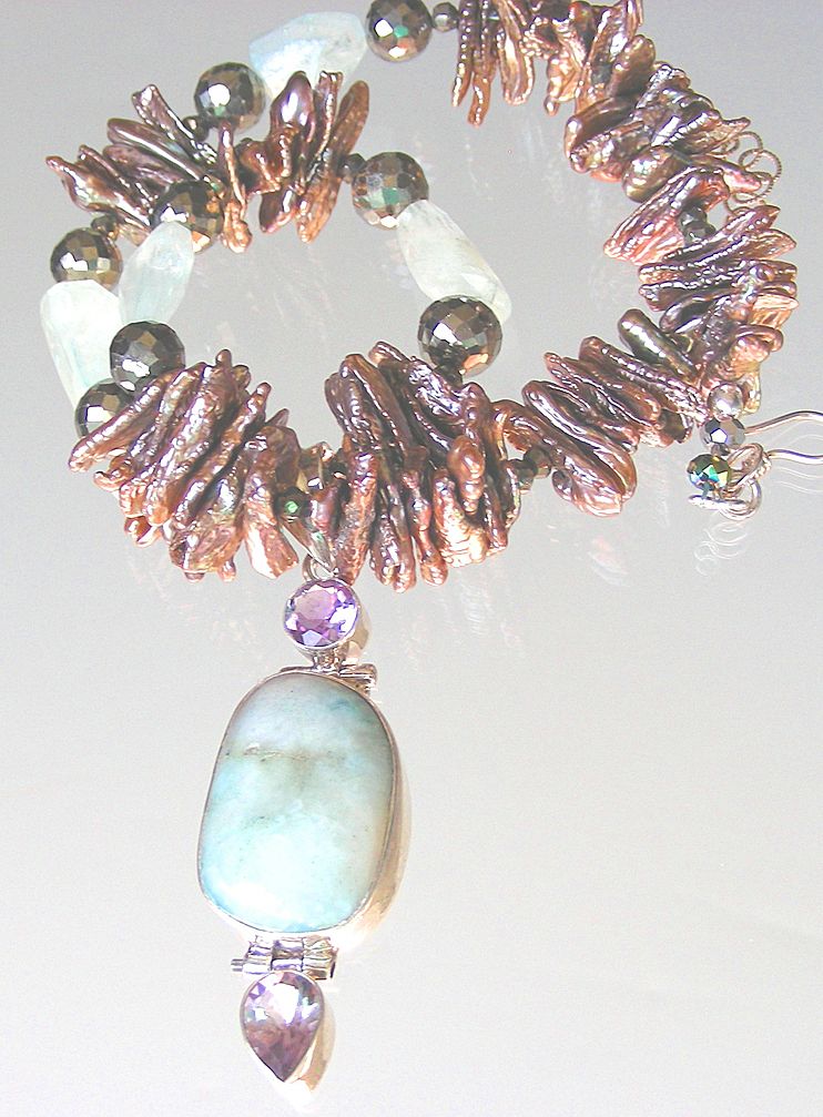 Clearance- Larimar, Amethyst, Aquamarine, Pyrite, and Biwa Pearls Bohemian Necklace Clearance- Larimar, Amethyst, Aquamarine, Pyrite, and Biwa Pearls Bohemian Necklace