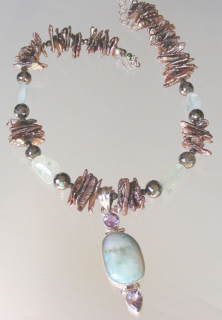 Clearance- Larimar, Amethyst, Aquamarine, Pyrite, and Biwa Pearls Bohemian Necklace Clearance- Larimar, Amethyst, Aquamarine, Pyrite, and Biwa Pearls Bohemian Necklace