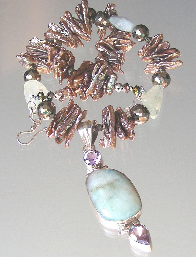 Clearance- Larimar, Amethyst, Aquamarine, Pyrite, and Biwa Pearls Bohemian Necklace Clearance- Larimar, Amethyst, Aquamarine, Pyrite, and Biwa Pearls Bohemian Necklace