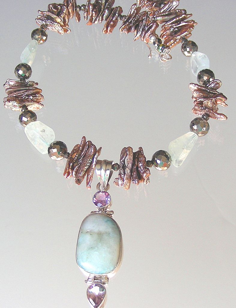 Clearance- Larimar, Amethyst, Aquamarine, Pyrite, and Biwa Pearls Bohemian Necklace Clearance- Larimar, Amethyst, Aquamarine, Pyrite, and Biwa Pearls Bohemian Necklace