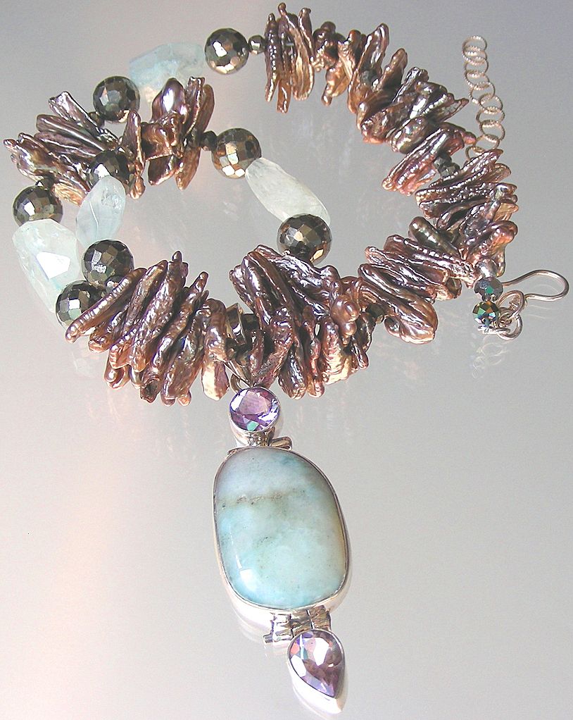 Clearance- Larimar, Amethyst, Aquamarine, Pyrite, and Biwa Pearls Bohemian Necklace Clearance- Larimar, Amethyst, Aquamarine, Pyrite, and Biwa Pearls Bohemian Necklace