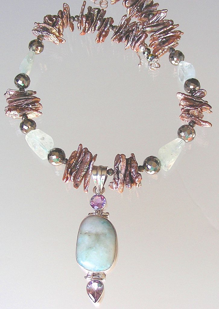 Clearance- Larimar, Amethyst, Aquamarine, Pyrite, and Biwa Pearls Bohemian Necklace Clearance- Larimar, Amethyst, Aquamarine, Pyrite, and Biwa Pearls Bohemian Necklace