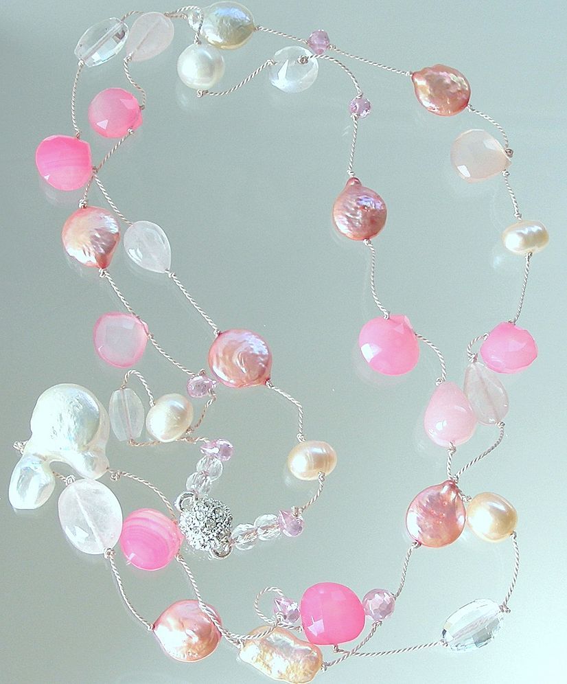 Pink Chalcedony, Aquamarine, Morganite, and Pearls Long Hand Knotted Necklace Pink Chalcedony, Aquamarine, Morganite, and Pearls Long Hand Knotted Necklace