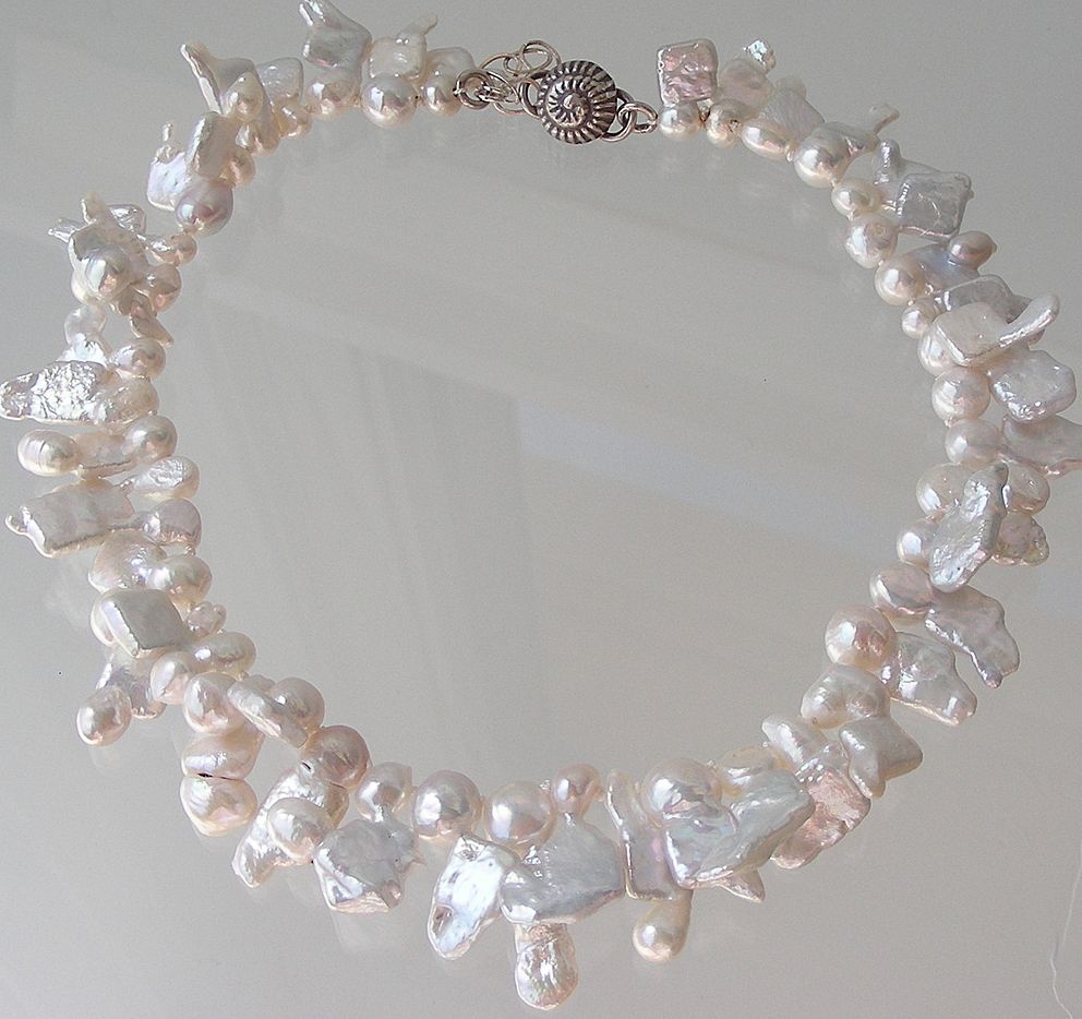 Keishi Tile Pearls with Sea Shell Clasp Hand Knotted Necklace Keishi Tile Pearls with Sea Shell Clasp Hand Knotted Necklace