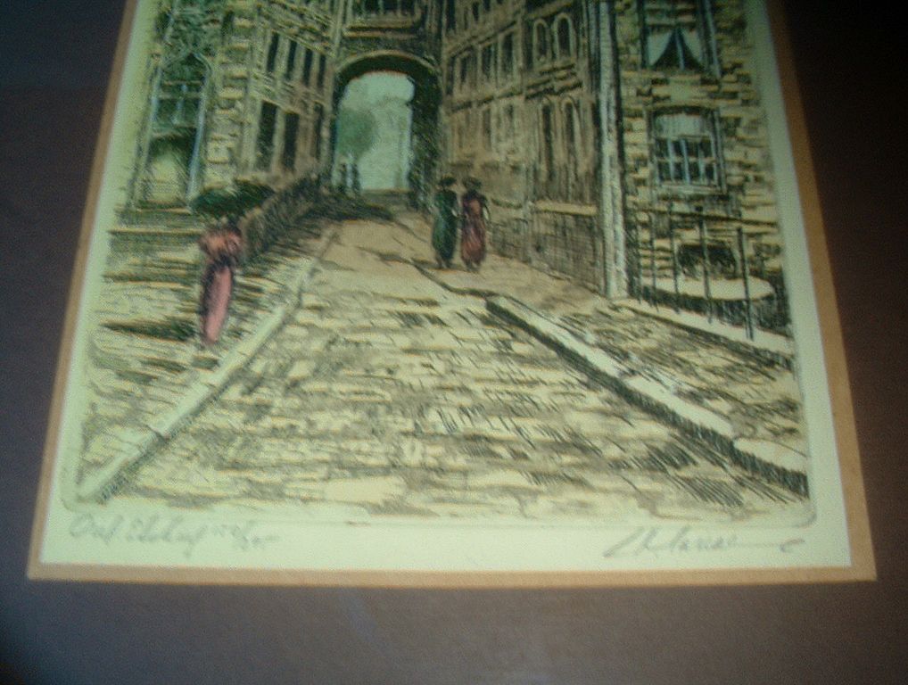 Colored Etching Old City Street Scene Colored Etching Old City Street Scene