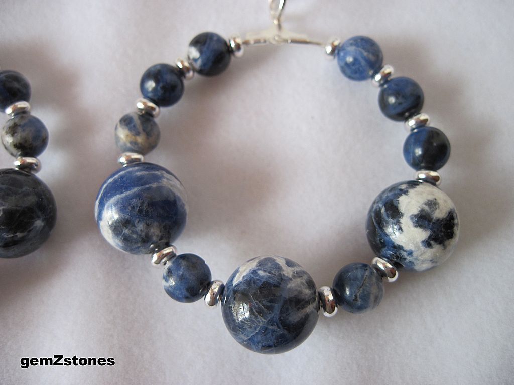 Blue And White Sodalite And Silver Large Hoop Earrings Blue And White Sodalite And Silver Large Hoop Earrings