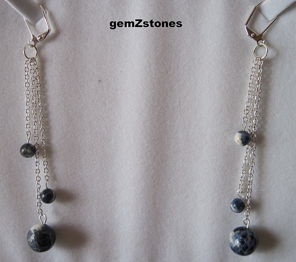 Blue And White Sodalite And Silver Chain Shoulder Sweep Earrings Blue And White Sodalite And Silver Chain Shoulder Sweep Earrings