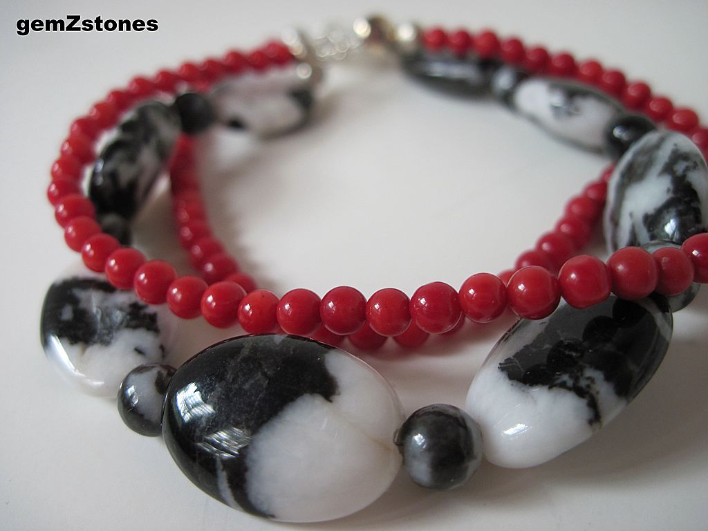 Exotic Zebra "Jasper" And Red Coral Triple Strand Bracelet Exotic Zebra "Jasper" And Red Coral Triple Strand Bracelet