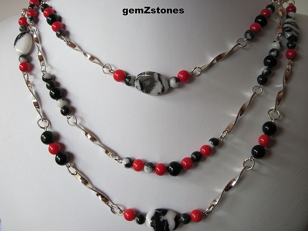 Exotic Zebra "Jasper", Red Coral And Black Onyx Triple Strand Necklace Exotic Zebra "Jasper", Red Coral And Black Onyx Triple Strand Necklace