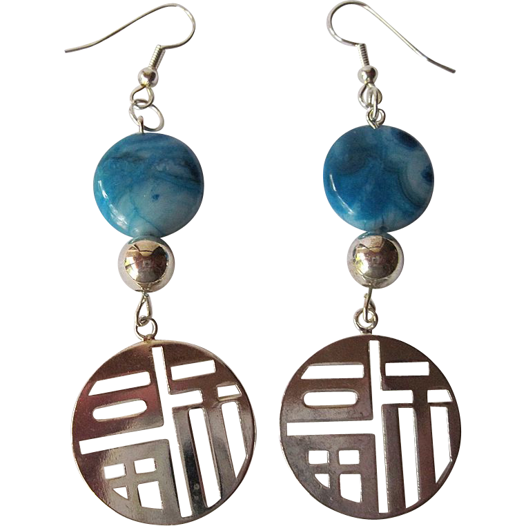 Blue Crazy Lace Agate And Silver Good Luck Earrings Blue Crazy Lace Agate And Silver Good Luck Earrings
