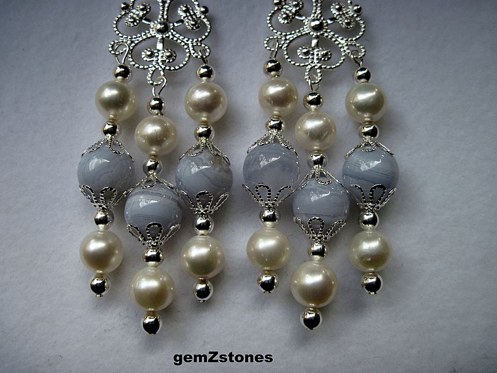 White Lotus Pearl And Blue Lace Agate Long Dangle Earrings White Lotus Pearl And Blue Lace Agate Long Dangle Earrings
