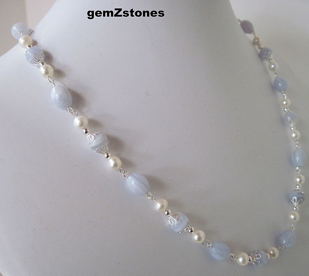 White Lotus Pearls And Blue Lace Agate Single Strand Necklace White Lotus Pearls And Blue Lace Agate Single Strand Necklace