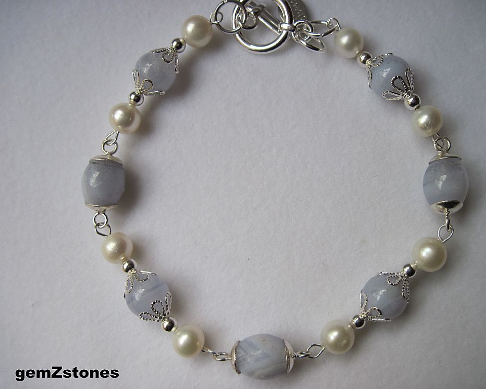 White Lotus Pearl And Blue Lace Agate Single Strand Bracelet White Lotus Pearl And Blue Lace Agate Single Strand Bracelet