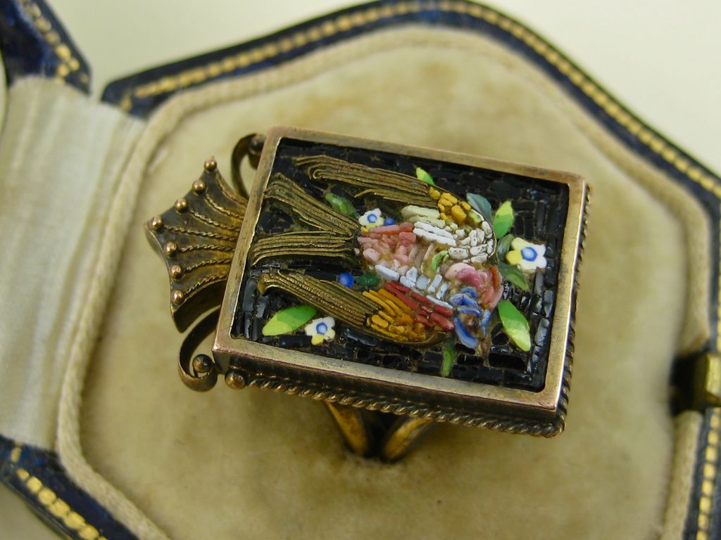 Antique 15 Kt Etruscan Gold Micro Mosaic Ring & Earrings ~ Birds In Flight Antique 15 Kt Etruscan Gold Micro Mosaic Ring & Earrings ~ Birds In Flight