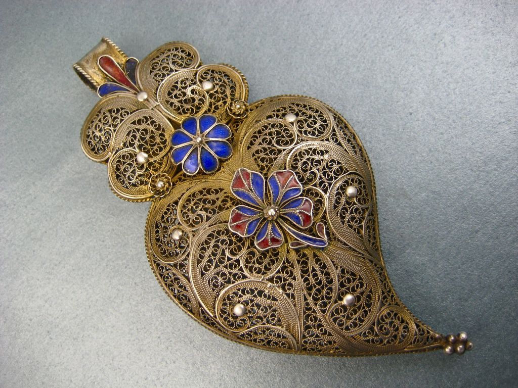 Antique French Filigree Witches Heart Pendant ~ Gilded With Enamel Flowers ~ c. 1850 Antique French Filigree Witches Heart Pendant ~ Gilded With Enamel Flowers ~ c. 1850