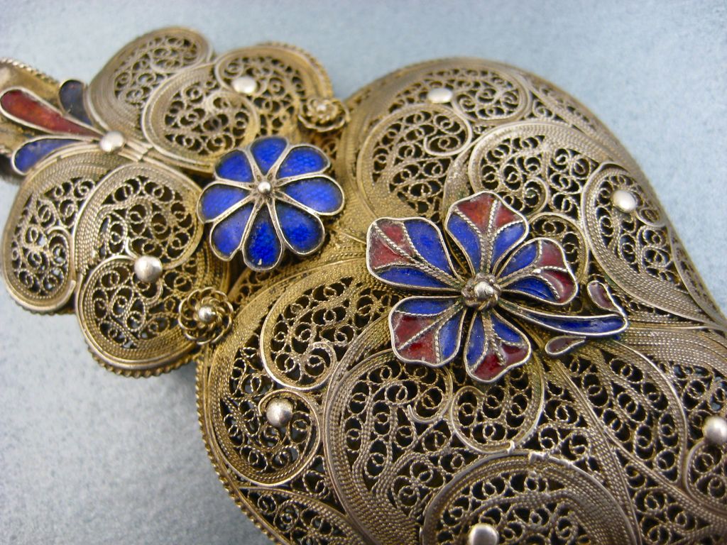 Antique French Filigree Witches Heart Pendant ~ Gilded With Enamel Flowers ~ c. 1850 Antique French Filigree Witches Heart Pendant ~ Gilded With Enamel Flowers ~ c. 1850