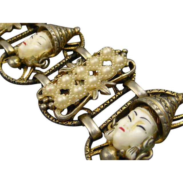Selro Iconic Asian Princess Bracelet With Pearl Motif ~ 1950s Selro Iconic Asian Princess Bracelet With Pearl Motif ~ 1950s