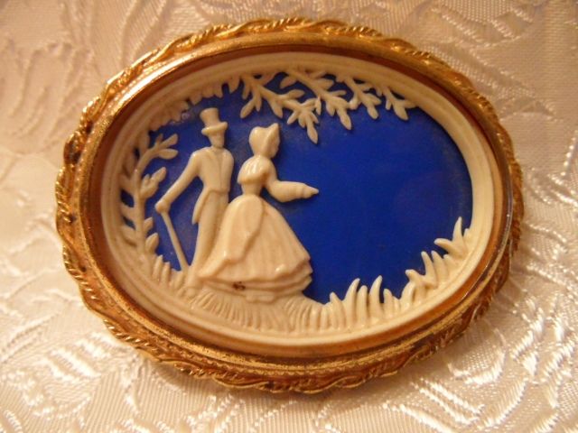 Vintage Depose Celluloid Carved Silhouette Brooch with Cobalt Blue Vintage Depose Celluloid Carved Silhouette Brooch with Cobalt Blue