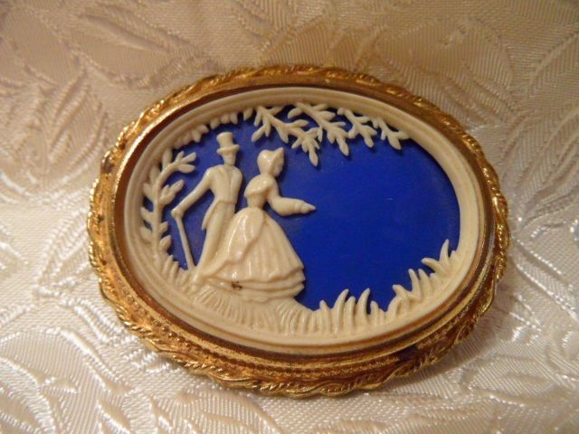 Vintage Depose Celluloid Carved Silhouette Brooch with Cobalt Blue Vintage Depose Celluloid Carved Silhouette Brooch with Cobalt Blue