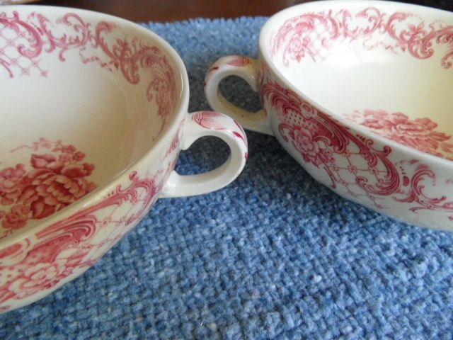 2 (Circa 1900-1912) Villeroy & Boch Red Transfer "Valeria" Cream Soup Bowls 2 (Circa 1900-1912) Villeroy & Boch Red Transfer "Valeria" Cream Soup Bowls