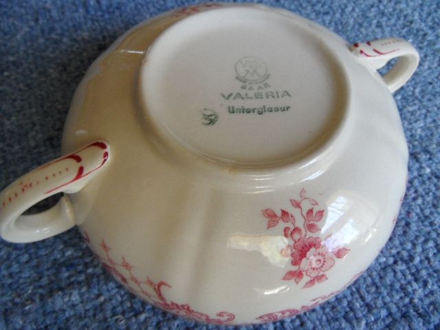2 (Circa 1900-1912) Villeroy & Boch Red Transfer "Valeria" Cream Soup Bowls 2 (Circa 1900-1912) Villeroy & Boch Red Transfer "Valeria" Cream Soup Bowls