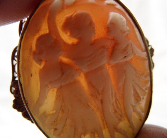Elegant Filagree Shell Carved 3 Graces 12K Cameo Brooch~Pendant Elegant Filagree Shell Carved 3 Graces 12K Cameo Brooch~Pendant